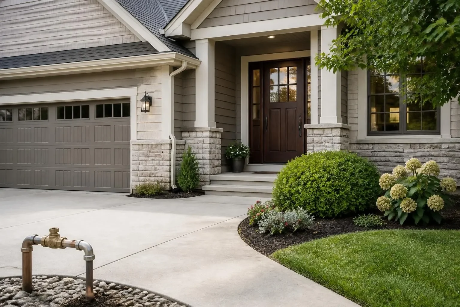 A home exterior with a garage, a front door and an outdoor water spigot