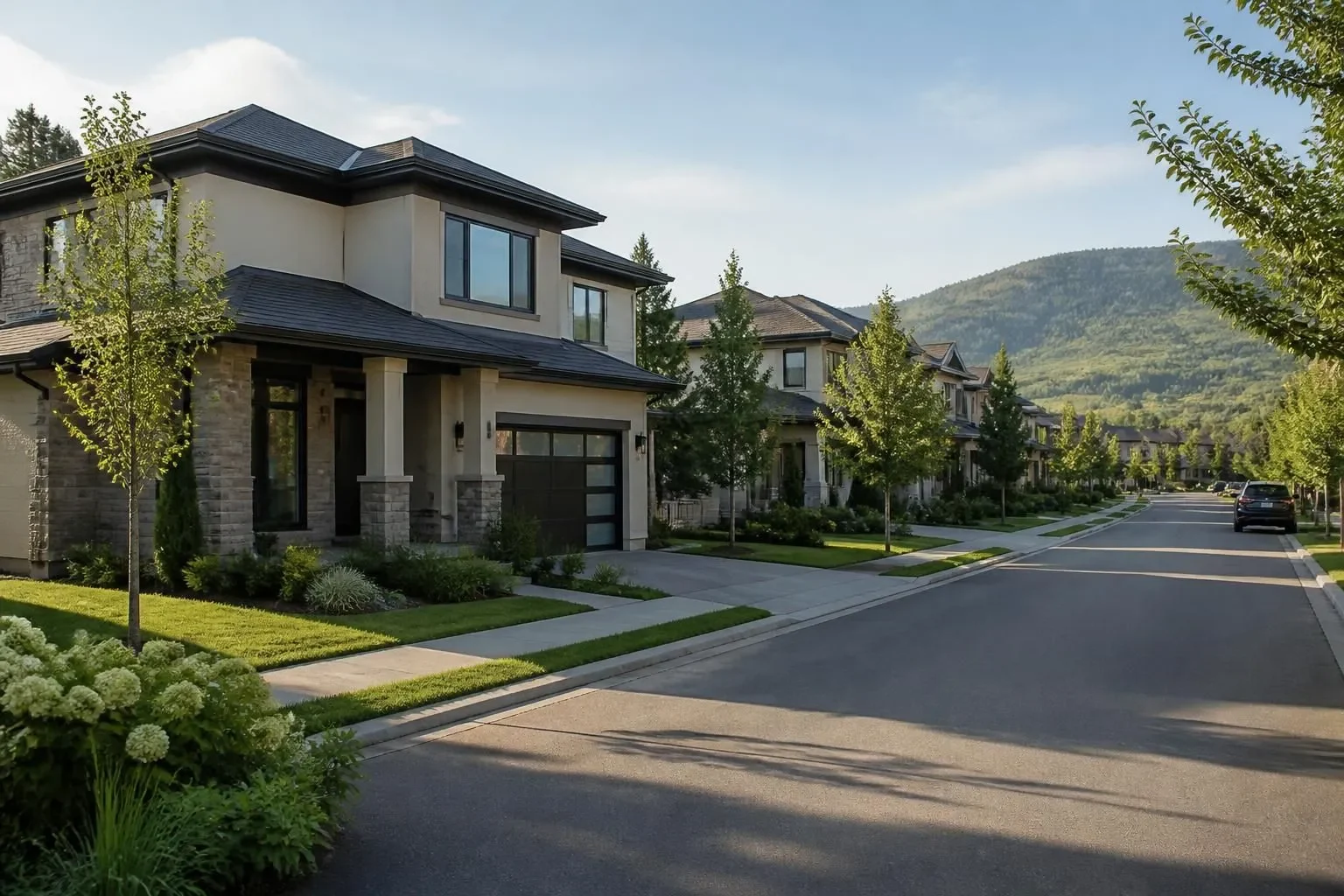 Modern homes on a residential street with hills behind in Chula Vista