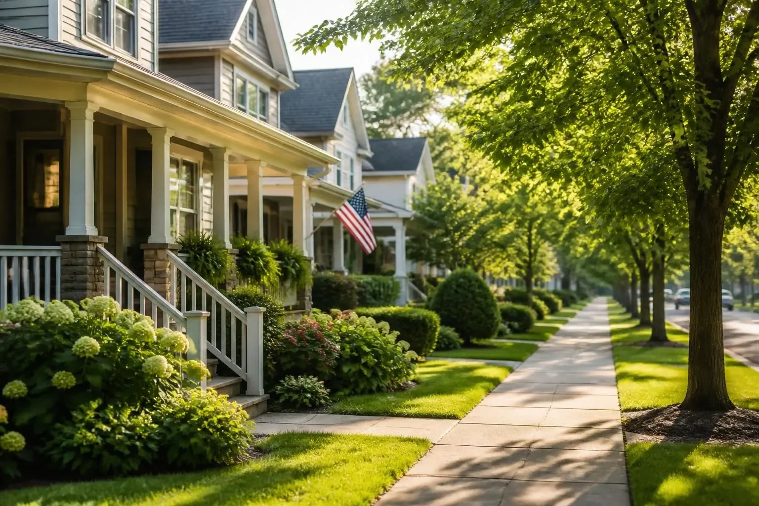 Homes with front porches along a tree-lined sidewalk in Lemon Grove