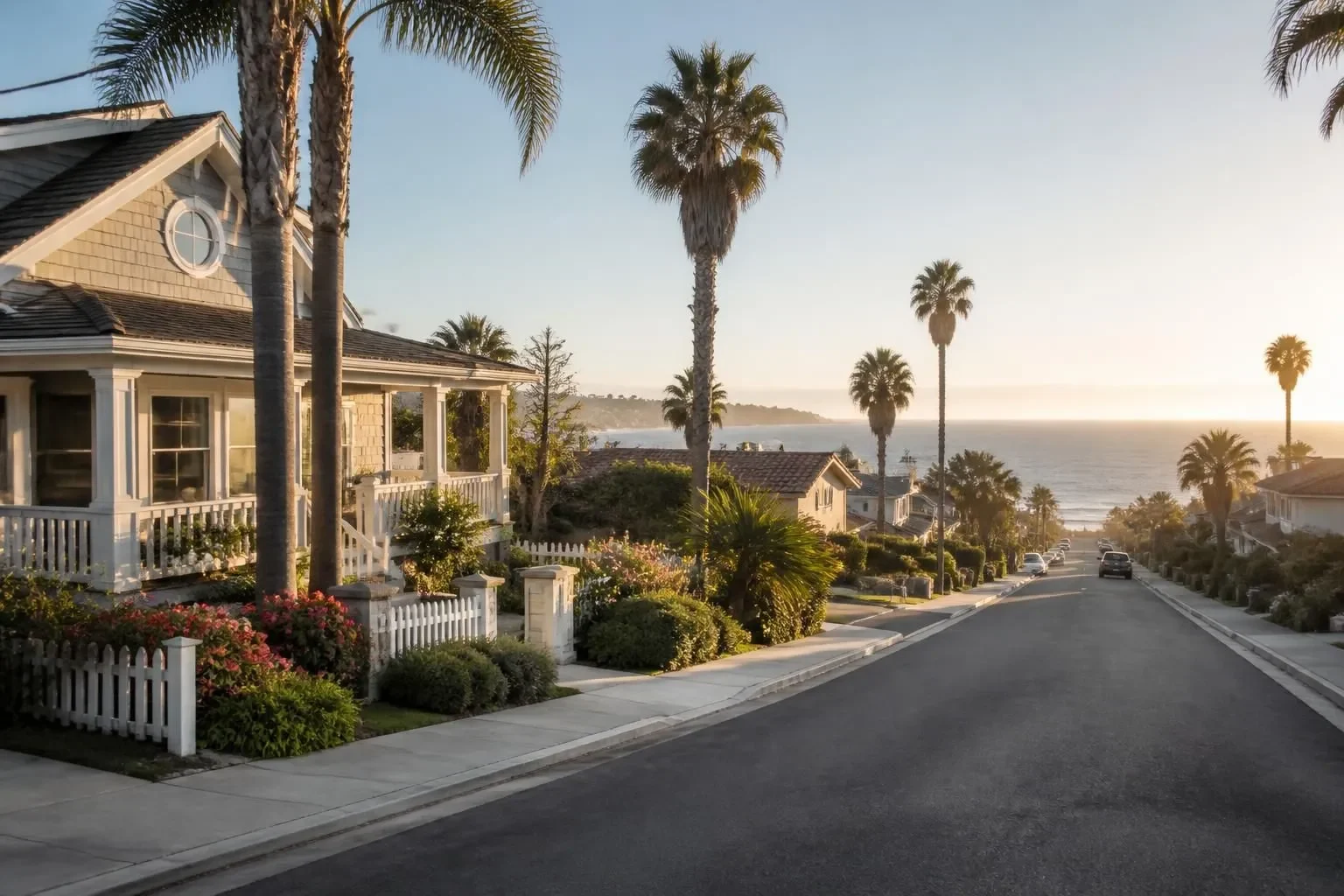 A palm-lined residential street near the ocean in San Diego